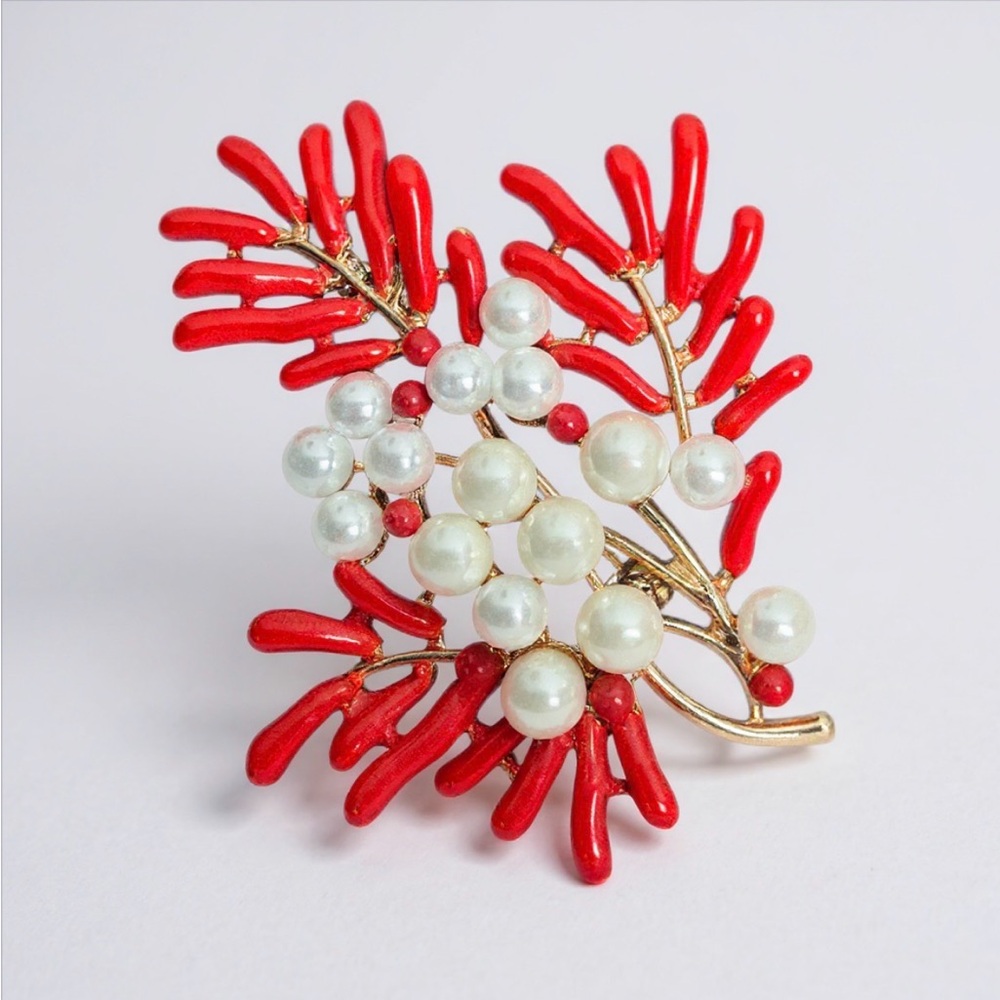 Enamel Red Coral Vintage Brooch
